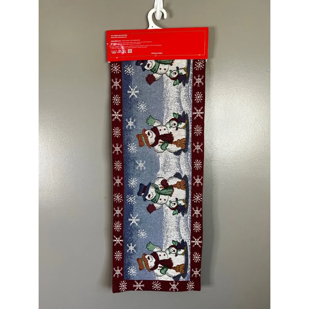 PP Home Collection Snowman Tapestry Table Runner 13x72 Burgundy Blue Christmas